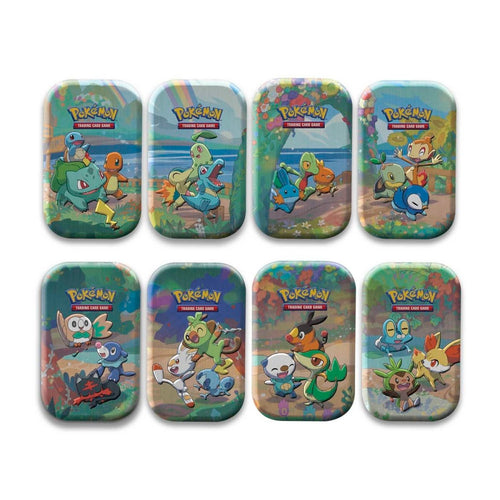 8 collectible celebrations tin featuring 3 starter pokemon from different regions - sold separately