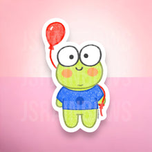 Load image into Gallery viewer, Die Cut Kawaii Frog sticker - eyes wide open, wearing blue shirt and holding red balloon
