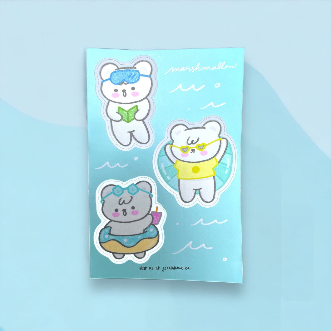 Waterproof Metallic Vinyl Sticker sheet, Marshmallow the Bear - Summer Time