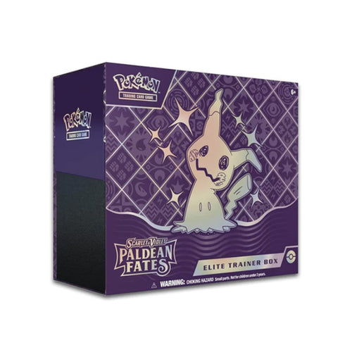 Pokemon Paldean Fates elite trainer box - featuring a shiny mimikyu and dark purple box