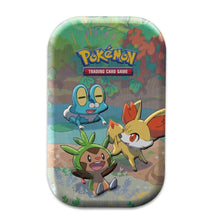 Load image into Gallery viewer, Celebrations tin featuring chespin, fennekin, froakie