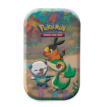 Load image into Gallery viewer, Celebrations tin featuring oshawott, tepig and snivy
