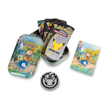 Load image into Gallery viewer, Celebrations tin contents: 3 booster packs (2 celebrations and additional darkness ablaze booster pack) one cardboard illustration, one coin featuring the 25 anniversary pikachu