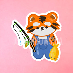 Waterproof Vinyl Sticker, Mochi the Tiger - Fishing