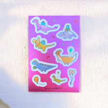 Load image into Gallery viewer, Vinyl Waterproof Metallic Sticker Sheet, Sleepy Scribbles Dino Stickers