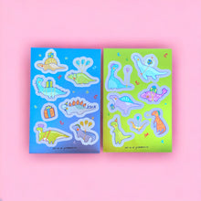 Load image into Gallery viewer, Vinyl Waterproof Metallic Sticker Sheet, Sleepy Scribbles Dino Stickers