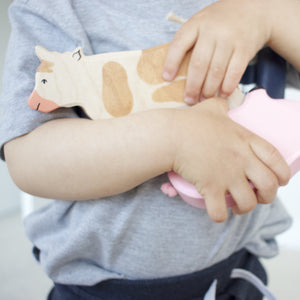 Baby holding holztiger cow