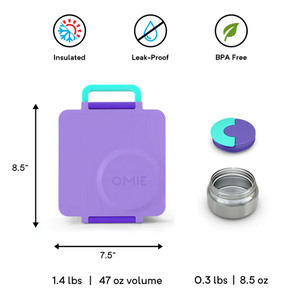 OmieBox Purple Product Specs: Insulated, Leak Proof, BPA free